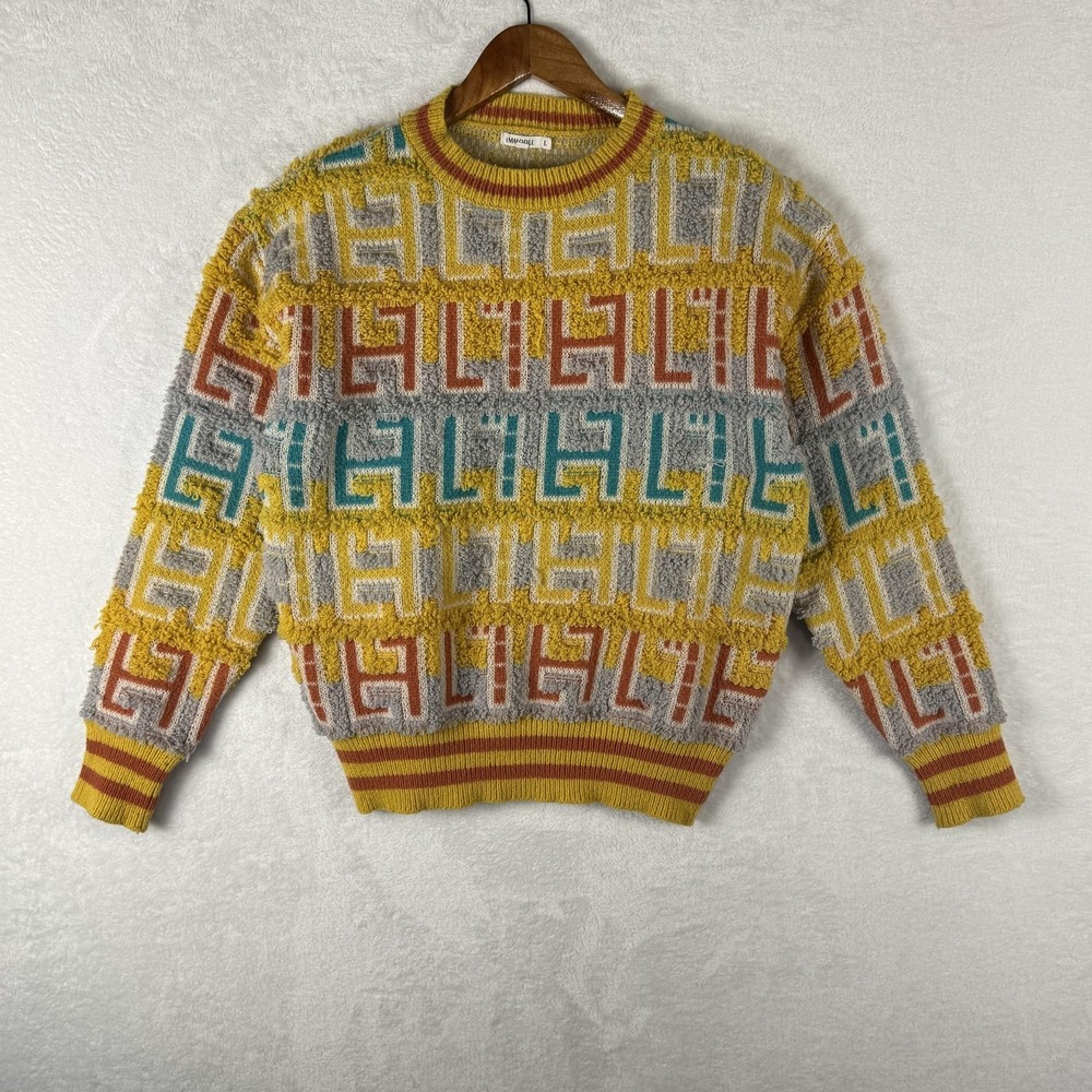 IMMODEL Sweater Womens Large Multicolor Geometric Textured Knit‎ Crewneck Boho